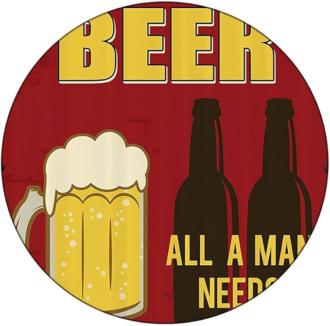 Round Tablecloth, Manly Decor Tablecloth for Side Table, Beer Mug and Two Bottles with Quotes Beer All, Fit Round Tables 61inch Diameter, for Indoor Outdoor Fits, Yellow Burgundy