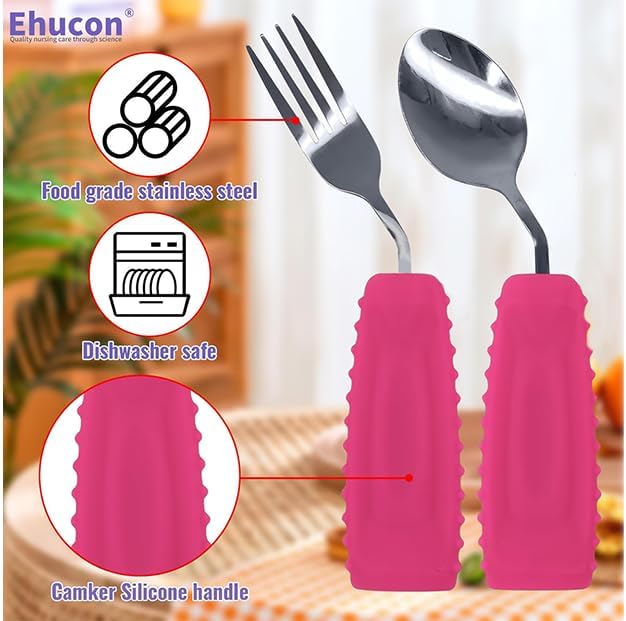 Adaptive Utensils Angled Spoon and Fork for Hand Tremors Parkinsons,Weighted Utensils with Non-Slip Easy Grip Handles for Independent Eating (1pcs Spoon+1pcs Fork=2 pcs,Pink,Right Hand)