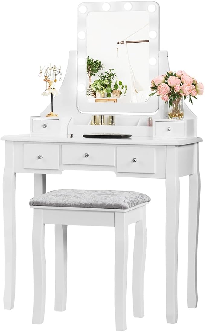 DORTALA Vanity Table Set w/ 360-Degree Rectangular Mirror & Cushioned Stool, Makeup Table w/ 10 LED Dimmable Bulbs, Bedroom Wood Dressing Table w/ 5 Drawers & Removable Box Organizer, White