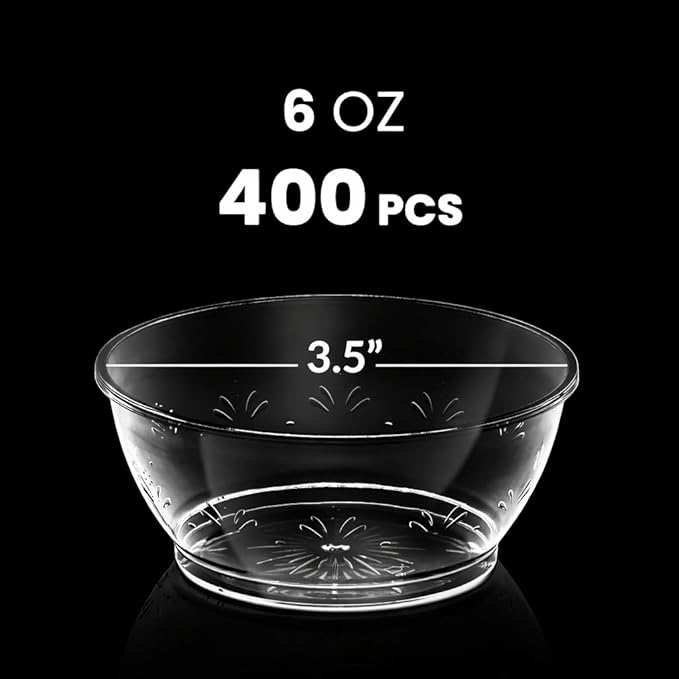 JoyServe Clear Mini Plastic Bowls - (Bulk 400 Pack) 6 Oz Disposable Premium Hard Plastic Dessert Bowls for Serving, Weddings, Catering, Parties, Ice Cream, Salsa, Home or Event Party Supplies