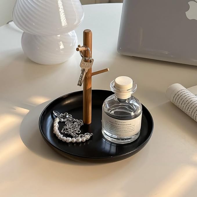 Shinpuru Key Tray & Key Bowl, Jewelry Tray with Wood 3-Tier Hanging Organizer - Multi-Functional Entryway Tray, Perfect for Bowl, Valet, Ring Holder, Jewelry Dish Organize (Black Round)