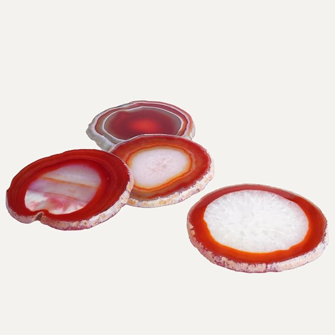 Natural Agate Coasters Set of 4 - Dyed Orange Red Irregular Circle Stone Drink Coasters with Rubber 3-4" Unique Home Decor for Coffee Table Wedding Creative Cards