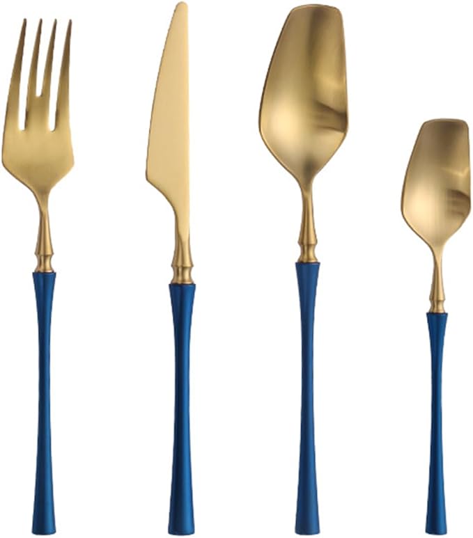 48 Piece Gold Silverware Set for 12，Durable 18/8 Stainless Steel Flatware Set Slim Waist Blue Handle Cutlery Set Utensils Include Spoons Knifes Forks Kitchen Wedding Restaurant