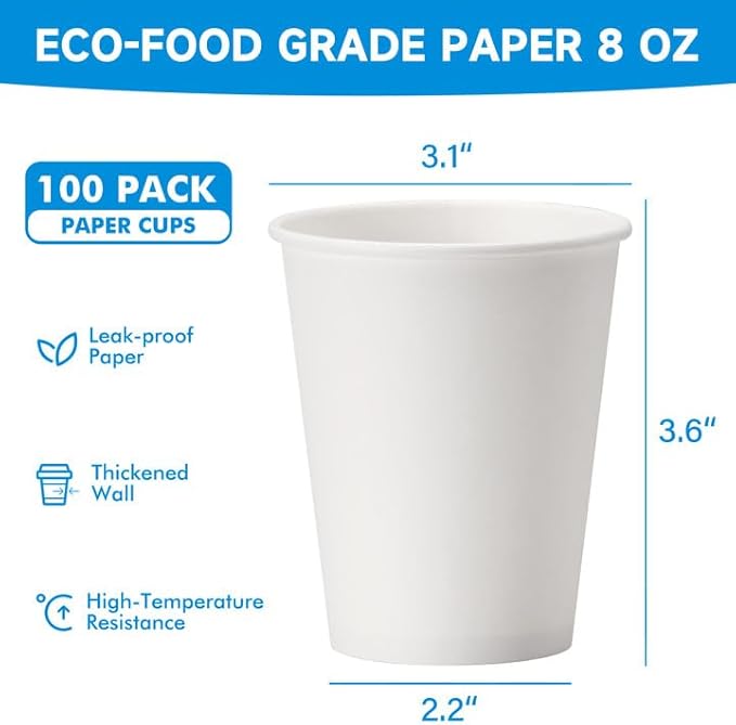 RACETOP 8 oz 100 Pack Disposable Paper Coffee Cups, Disposable Paper Cups, Hot Coffee Cups for Office, Party, Home