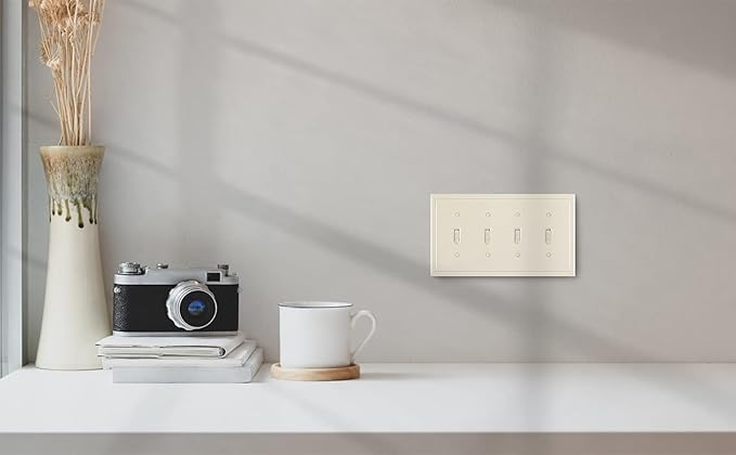 Henne Bery Modern Edge Decorative Wall Plate Switch Plate Outlet Cover, Durable Solid Zinc Alloy (Quad Toggle, Light Almond)