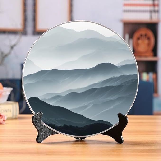 Decorative Ceramic Plates 10'' with Display Stand Monochrome Landscape Mountains Wall Hanging Art Great for Housewarming Gifts DP-171442786