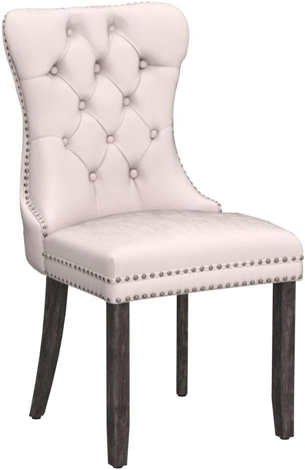 KCC Velvet Dining Chairs Set of 6, Upholstered High-end Tufted Dining Room Chair with Nailhead Back Ring Pull Trim Solid Wood Legs, Nikki Collection Modern Style for Kitchen, Beige