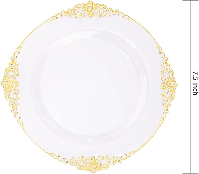 Morejoy 100pcs Gold Plastic Plates - Clear Gold Disposable Plates - 7.5 inch clear and gold dessert plates, Clear Plastic Plates with Gold Rim for Weddings & Parties & Shower