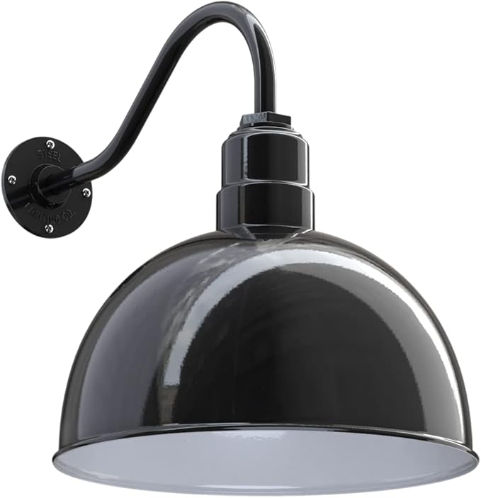 Steel Lighting Co. Hollywood Bowl Light | Outdoor Wall Mounted | 15 inch Bowl Dome | 16 inch Gooseneck | Barn Light Made in America | Black Exterior/White Interior
