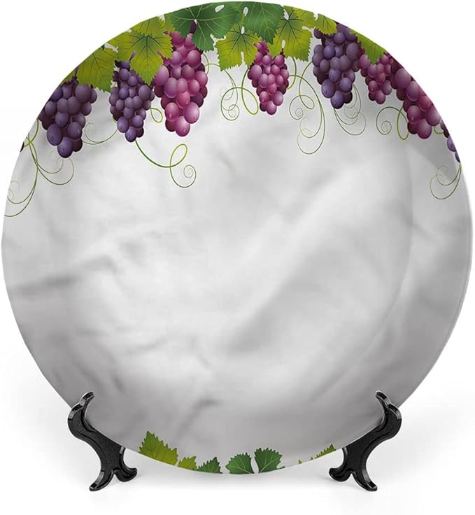 Decorative Plates, Vineyard Print Ornament, Leaves and Ripe Grapes, 6 Inch, 1 Plate with 1 Display Stand, Multicolor