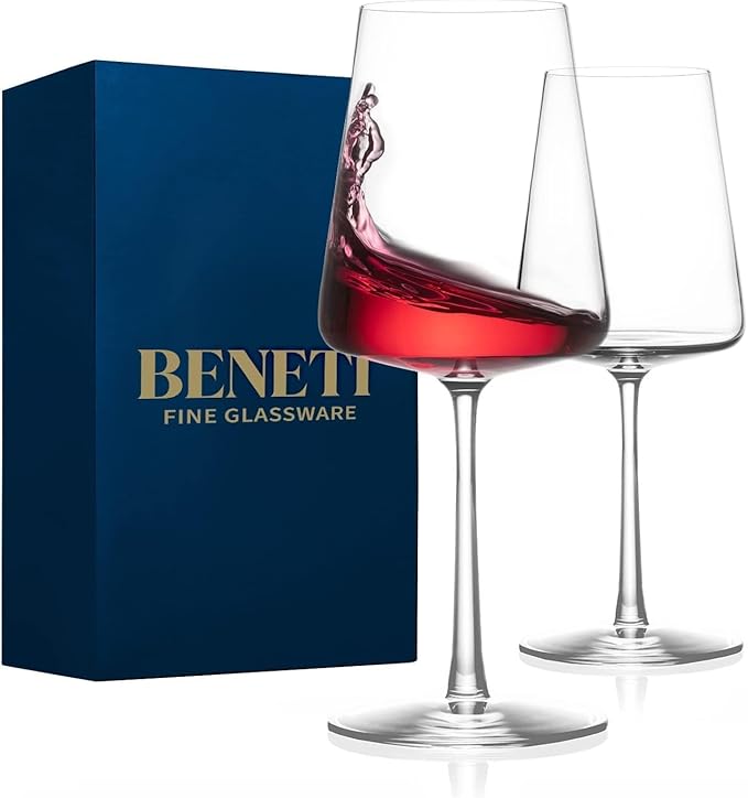 BENETI Wine Glasses Set of 4 | 17oz Handmade Luxury Crystal Red & White Long Stem Glass | Unique Modern Shape, Packaged In Beautiful Gift Box