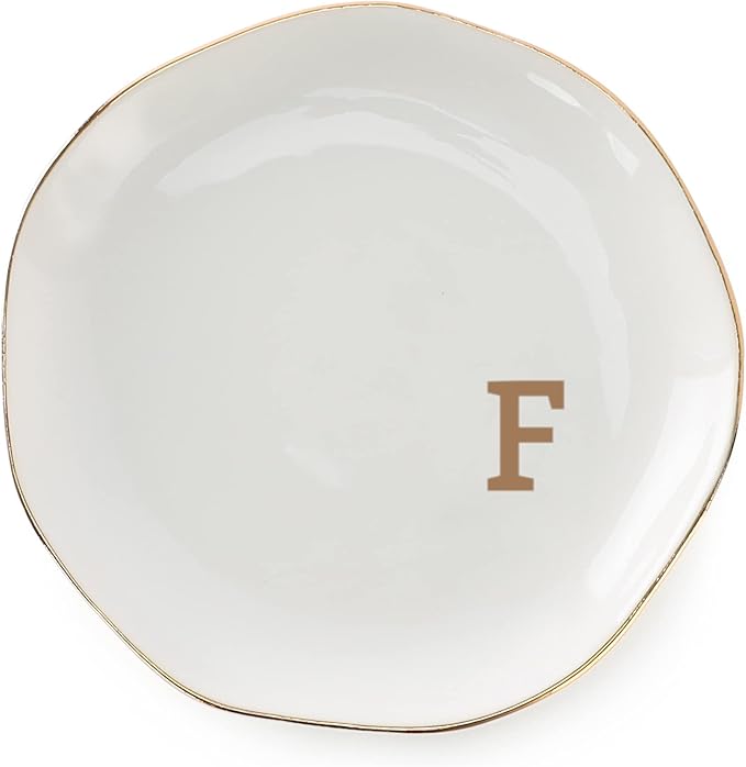 Initials Ring Dish Jewery Tray with Personalized F-Monogrammed Gifts Wedding Engagement for Women Friends Sister,Ceramic White