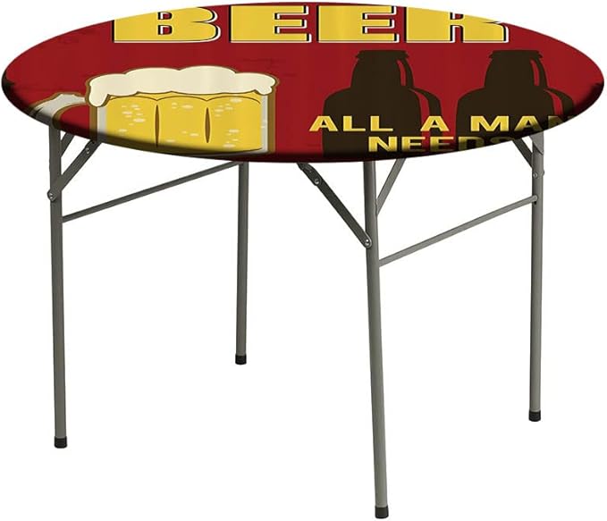 Round Edge Closing Tablecloth, Manly Decor Elastic Edged Tablecloth, Beer Mug and Two Bottles with Quotes Beer All, Fit Round Tables 39inch Diameter, Buffet Table, Parties, Holiday Dinner