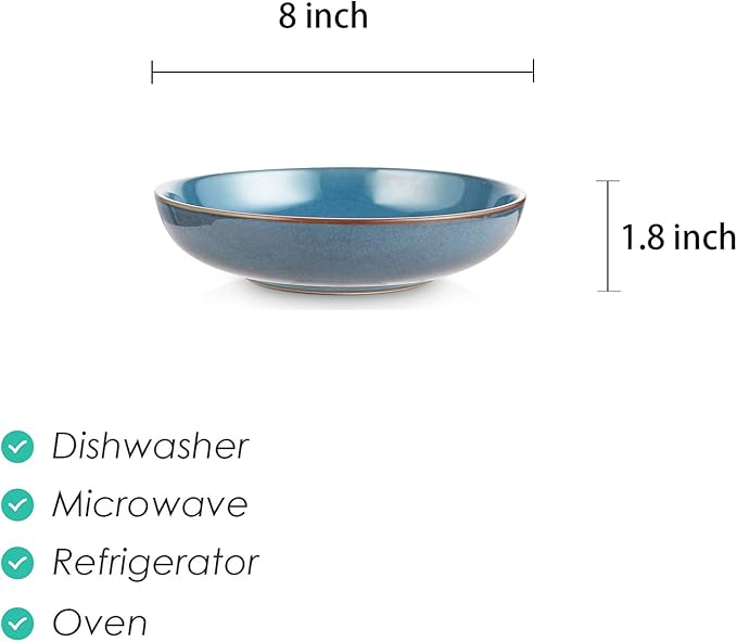 Selamica Ceramic 8 inch Pasta Bowls, 26 Ounce Large Serving Bowl Porcelain Salad Bowls, Dishwasher Microwave Safe, Set of 6(Ceylon Blue)