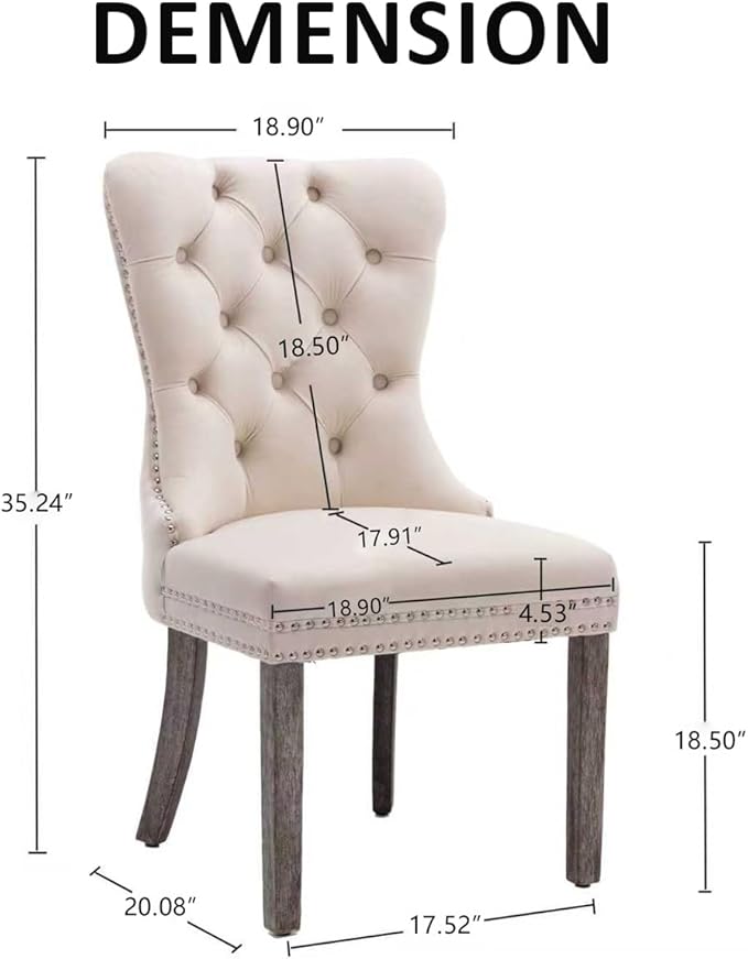 KCC Velvet Dining Chairs Set of 4, Upholstered High-end Tufted Dining Room Chair with Nailhead Back Ring Pull Trim Solid Wood Legs, Nikki Collection Modern Style for Kitchen, Beige