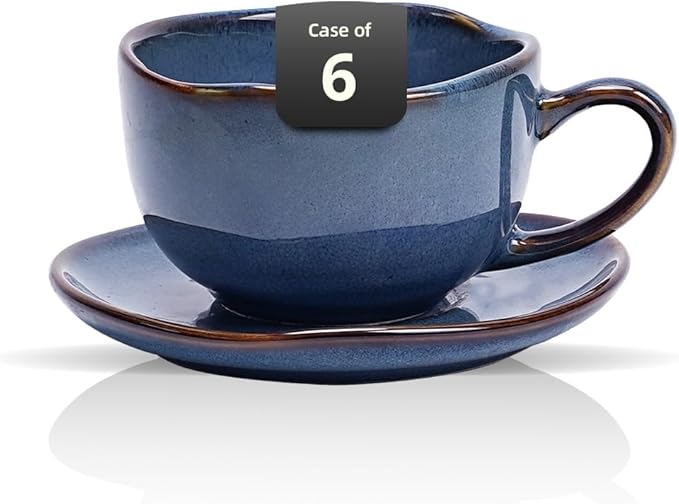 Organic Shape Highland Ceramic Coffee Cup and Saucer, 6pcs 8oz Handmade Reactive Glaze Saucer Sets with Wavy Edge, for Kitchen, Microwave & Dishwasher Safe, Scratch Resistant-Blue