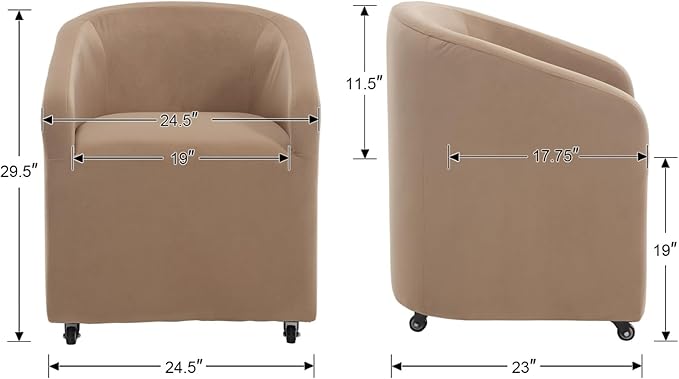 Modern Barrel Dining Chairs with Rolling Casters Set of 4, Upholstered Velvet Swivel Dining Room Chairs with Wheels for Kitchen Living Room Home Office, Khaki