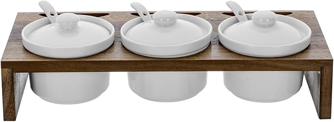 MyGift 10 Piece Condiment Pot Serving Set Includes Premium Acacia Solid Wood Raised Display Server Tray and 3 Ceramic Ramekin Dip Bowls with Lids and Spoons