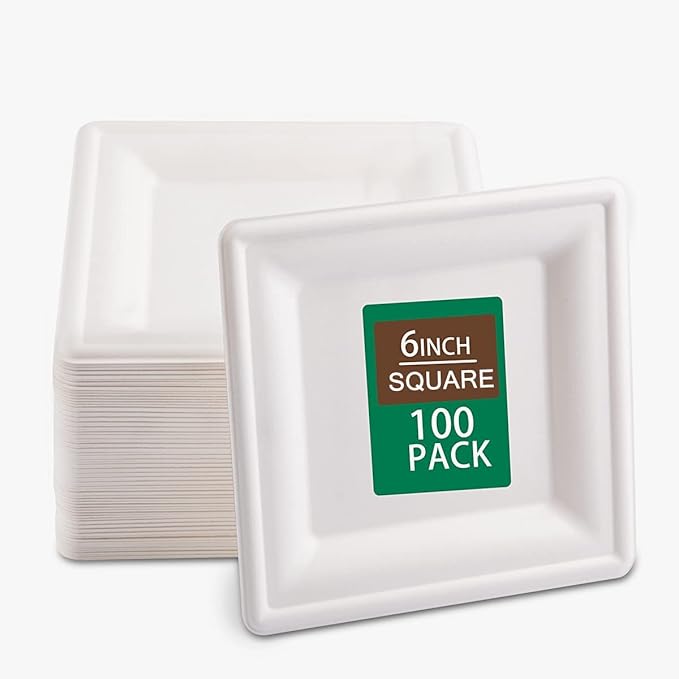 SUT 6-Inch Compostable Paper Plates, 100 PCS Square Biodegradable Bagasse Plates, Heavy-Duty Microwaveable Plates, Eco-Friendly Natural Disposable Plates, Made of Sugarcane Fibers, for Party, Picnic
