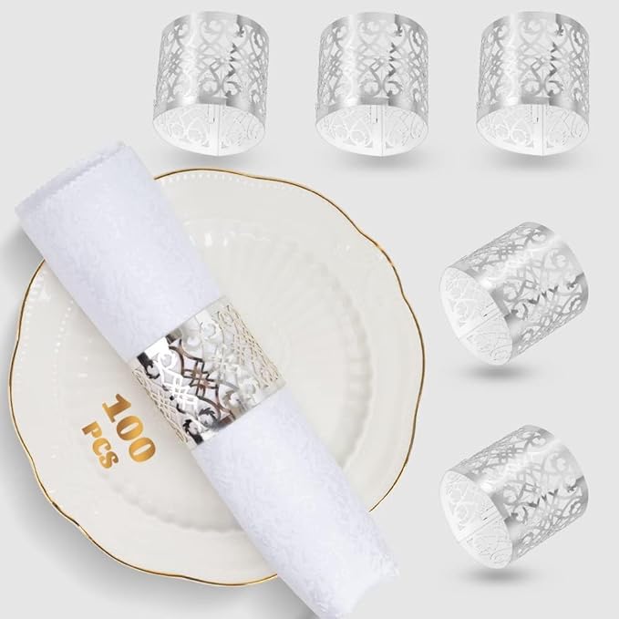 100 Pcs Napkin Rings Laser Cut Premium Paper Napkin Holder for Wedding Party Christmas Dinner Serviette Table Restaurant Celebration (Silver)