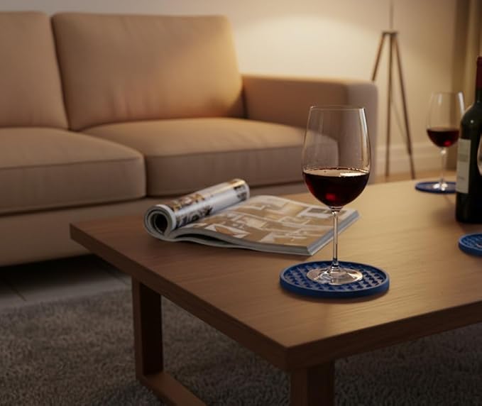 Set of 6 Silicone Coasters, 4'' Drink Coaster with Holder, Round Coasters for Drinks Beer Coffee Home Office Bar Desk Tabletop Protection, Non-Slip Rubber Coaster (Navy Blue, 6 Pcs-Metal Holder)