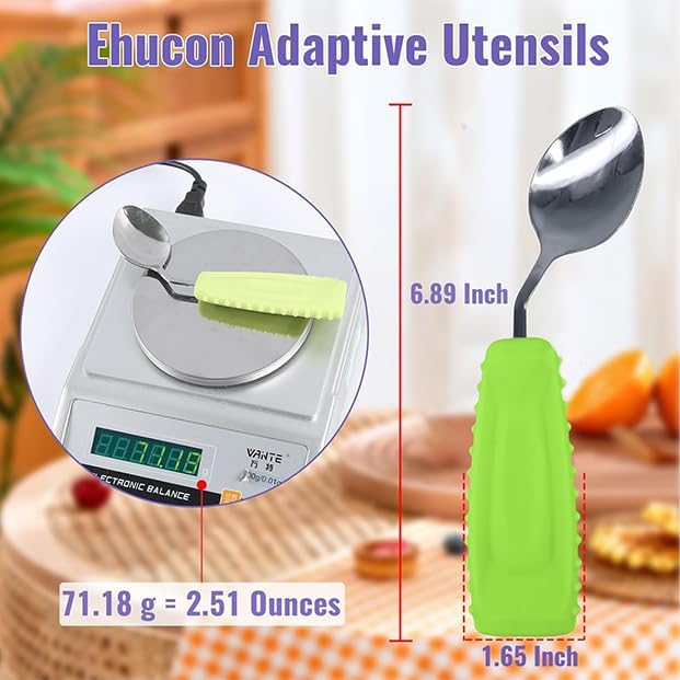 Adaptive Utensils Angled Spoon and Fork for Hand Tremors Parkinsons,Weighted Utensils with Non-Slip Easy Grip Handles for Independent Eating (1pcs Spoon+1pcs Fork=2 pcs,Green,Left Hand)