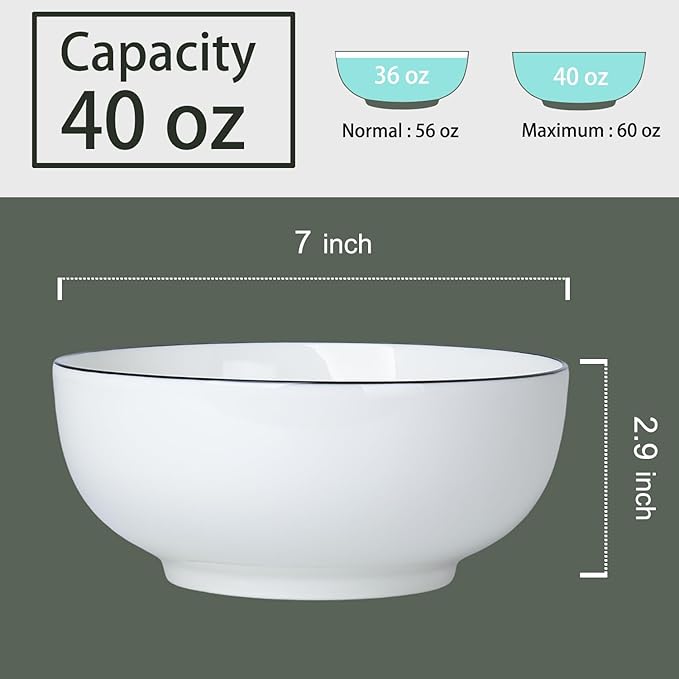 40 oz Large Soup, Ramen, Pho, Noodle, and Salad Bowl Set of 4, Rimmed 7 in White Ceramic Bowls, Versatile & Microwave Safe