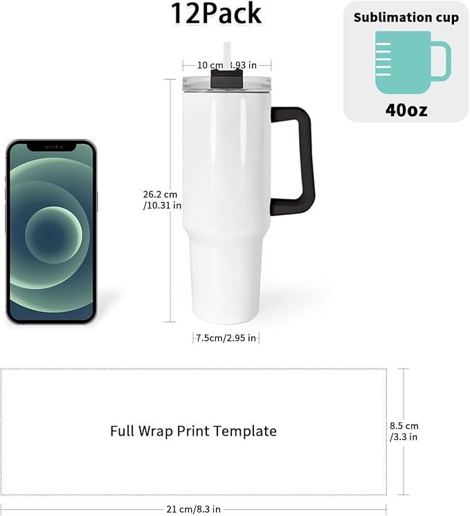 40 oz Sublimation Tumblers with Black Handle Lid and Straw 12 Pack Stainless Steel Double Wall Vacuum Insulated Travel Mug Cup Bulk Sublimation Blank for DIY Gift