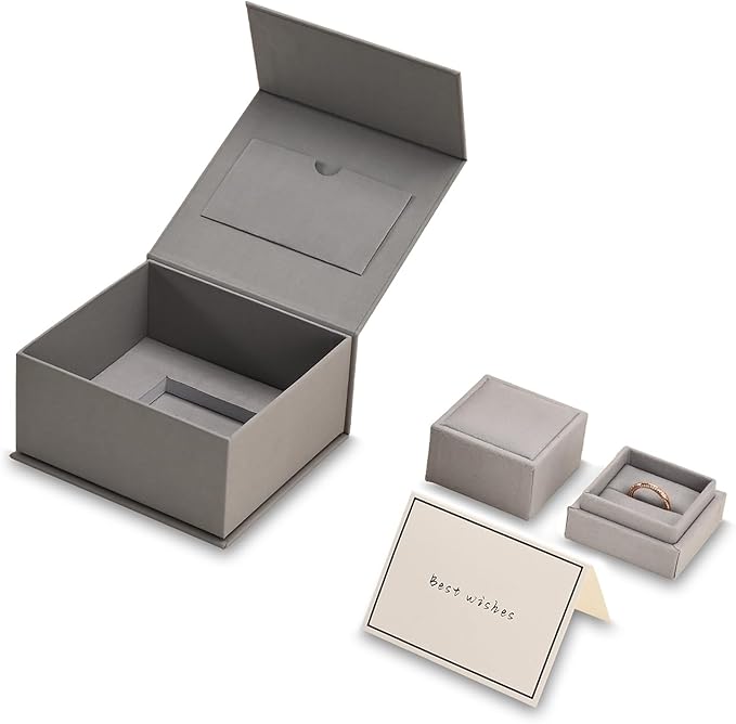 Oirlv Ring Gift Box with Lid Magnetic Gray Boxes for Wedding Proposal Gift Birthday Present with Card(Gray)