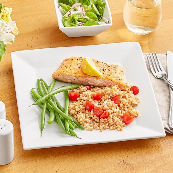 10-Inch Square Porcelain Dinner Plate, Bright White, Wide Rim, Dishwasher Safe, Commercial Grade, 12 per Case