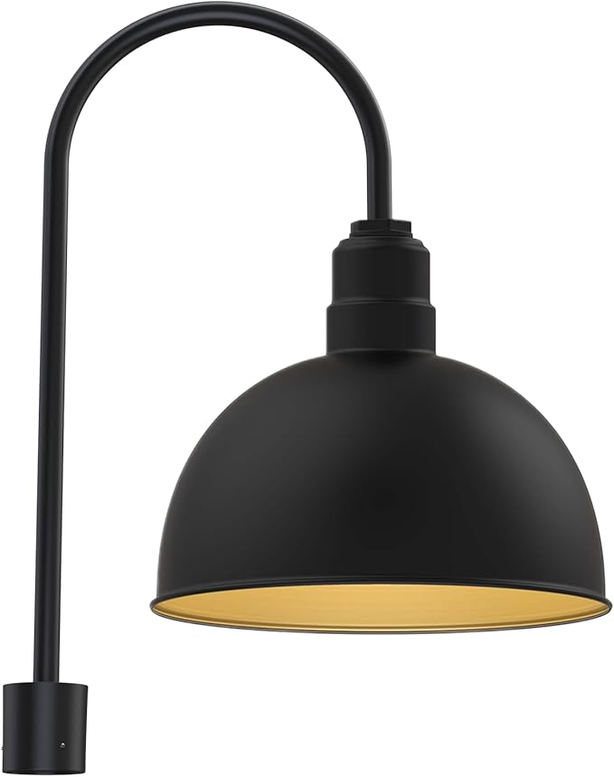 Steel Lighting Co. Hollywood Bowl Light |Pole Top Mounted | 15" Dome | Upslope Gooseneck with Slip Fitter for 2-3/8" Standard Poles | Made in America | Matte Black Exterior/Brass Interior