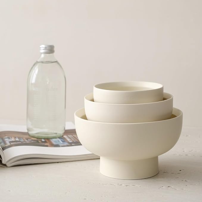 WENSHUO High-foot Deep Fruit Bowl, Ceramic Pedestal Decorative Bowl, Round Bowl for Salad, Small Size (Matte Crème, 6.7")