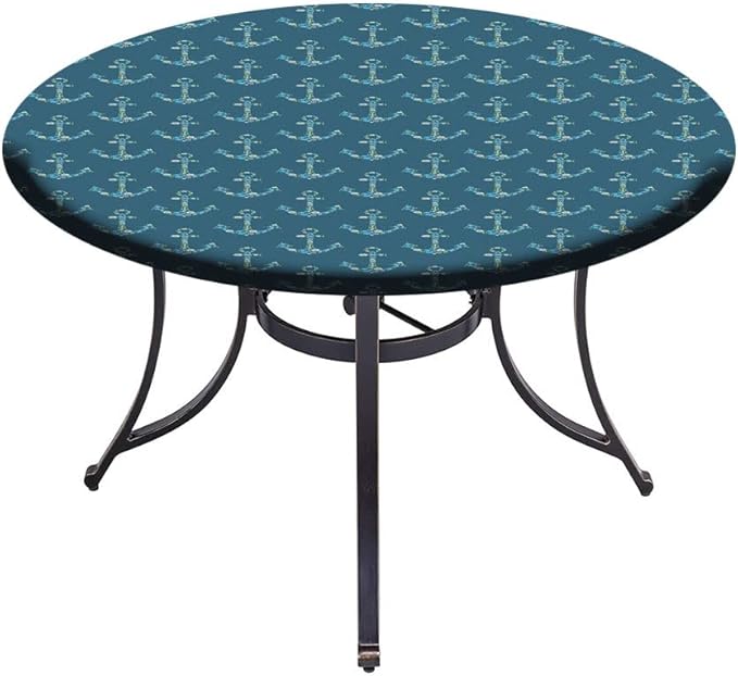 Round Edge Closing Tablecloth, Nautical Elastic Edged Tablecloth, Anchors Maritime Theme Decor, Fit Round Tables 56inch Diameter, for Dining Room/Party/Banquet Decoration, Petrol Blue Beige