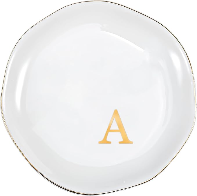 ProCase Ceramic Jewelry Tray, Initial Ring Dish Trinket Plate Engagement Gift, Small Personalized Monogram Ring Bowl for Wedding, White Decorative Jewelry Holder for Women Vanity -Letter A