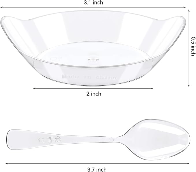 Kucoele 100 Pack Mini Dessert Plates, Small Clear Plastic Trays with Spoons Disposable Party Serving Plates for Appetizer, Dessert, Fruit