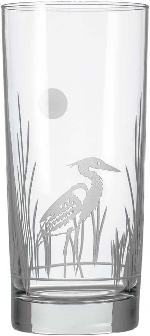 Rolf Glass Heron Highball Glass | 15oz Set of 2 Cooler Glasses | Lead-Free and Engraved | Heavy Base | Designed and Engraved in the USA | Coastal Glassware with Bird Design