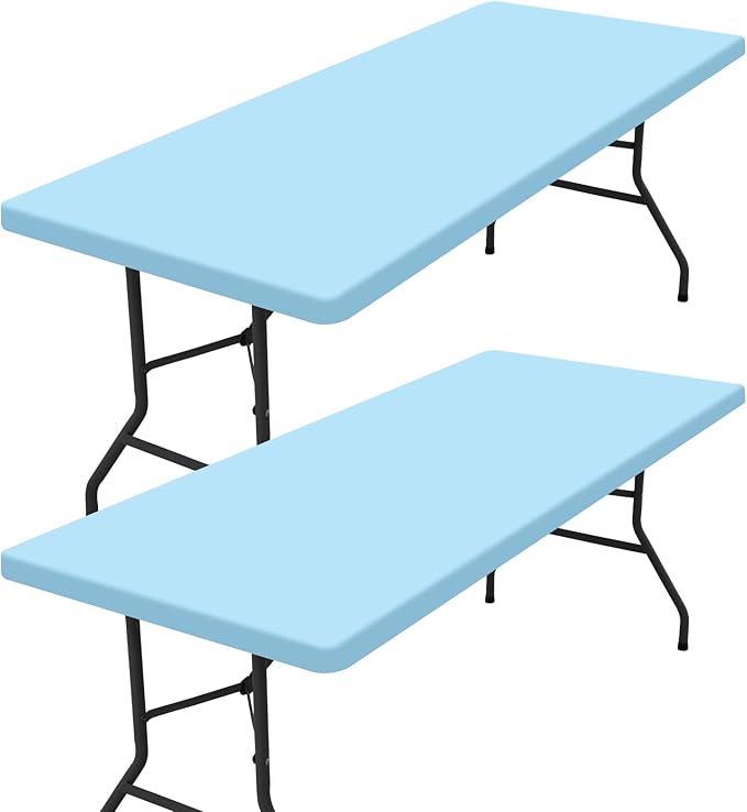 homing 2 Pack Rectangle Table Cloth, Elastic Fitted Fabric Tablecloth Fits for 6 Foot Folding Tables, Washable Table Cover for Picnic, Camping, Indoor & Outdoor (Light Blue, 30" x 72")