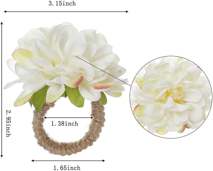 White Floral Napkin Rings Set of 6,Rustic Rose Napkin Rings Flower Dinner Napkin Holder for Table Decoration
