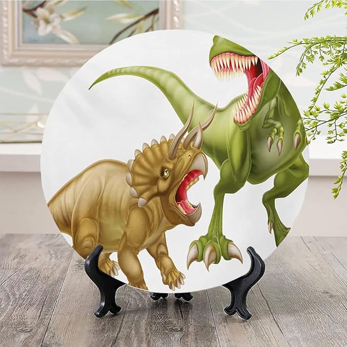 Decorative Plates, Dinosaur Print Ornament, Rex Versus Triceratops Scaring Each Other, 7 Inch, 1 Plate with 1 Display Stand, Green Pink Pale Brown