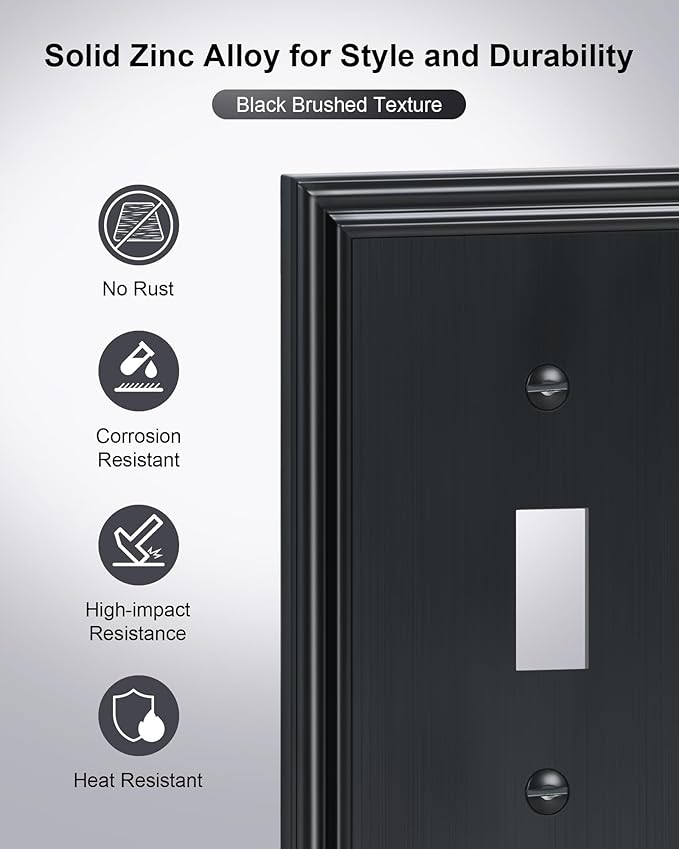 4-Pack Single Toggle Light Switch Cover Plate, Durable Solid Zinc Alloy Decorative Switch Plate Covers, Black 1 Gang Wall Plate, Corrosion Resistant