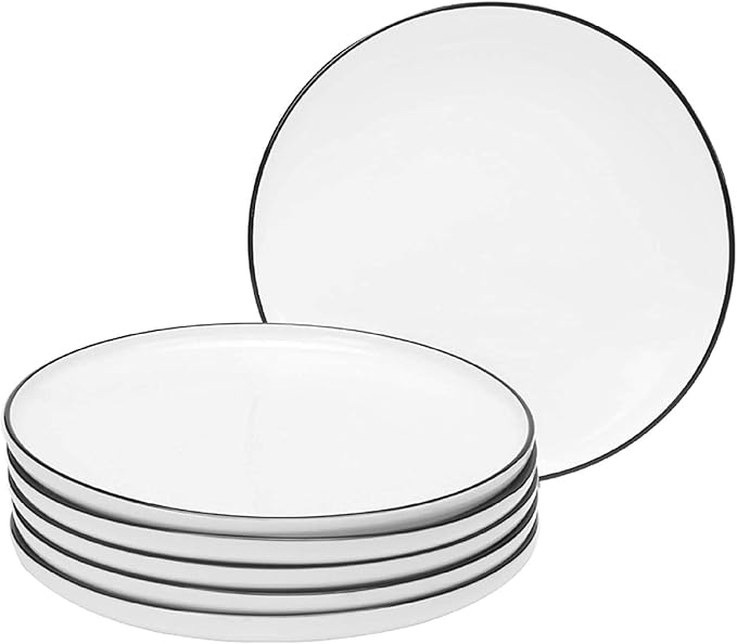 BonNoces 8 Inch Porcelain Lunch Plates, White with Black Edges Dessert Plate, Classic Round Serving Plate for Steak, Pasta and Salad, Set of 6
