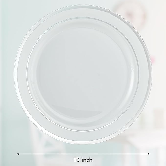 Vplus 100 Piece 10 Inch Silver Plastic Plates Disposable, Heavy Duty White Elegant Durable Dinner Plastic Party Plates with Silver Rim Perfect for Party Christmas