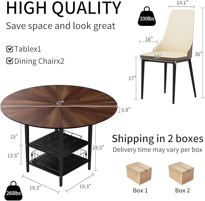 VFK 47" Round Kitchen Table Set with Storage Base & Metal Legs, 5-Piece Wooden Dining Set for 4 to 6 People, Includes 4 Upholstered Chairs for Dining Room, Living Room or Kitchen