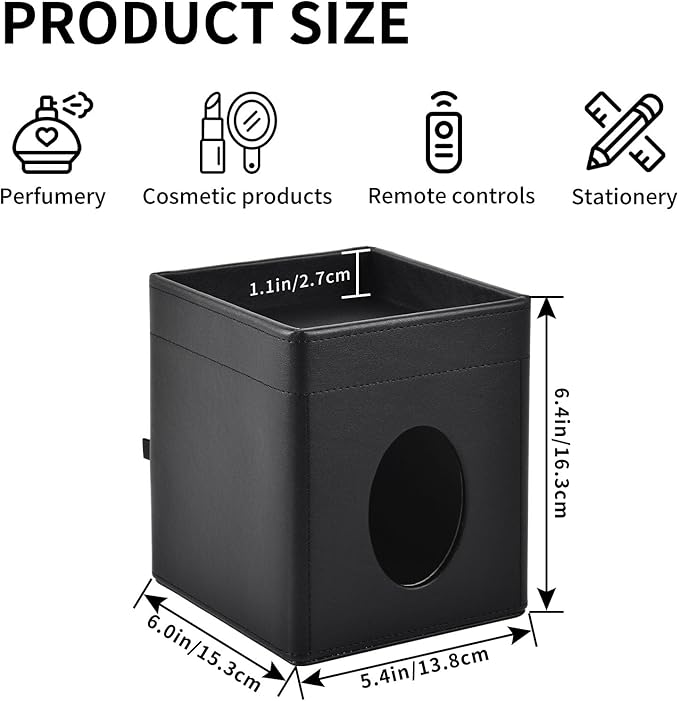 Tissue Box Cover Square Tissue Box Holder PU Leather Facial Tissues Organizer with Storage Tray for Bathroom Vanity Bedroom Office Car, Stylish Napkin Caddy Decorative Organizer (Black)