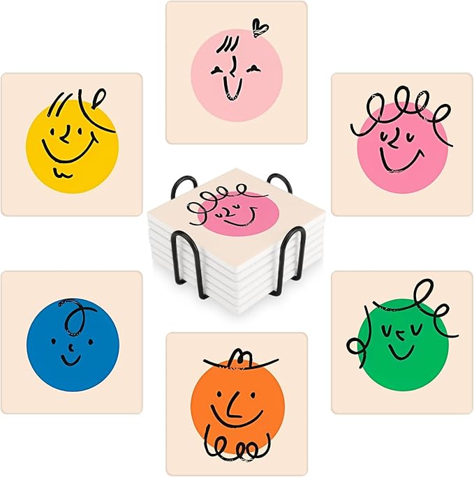 MAYCARI Cartoon Colorful Face Coasters Set of 6 Cork Backed Cute Coasters with Metal Holder Original Ceramic Surface Drink Cup Mats for Tabletop Protection Modern Desk Decoration Birthday Gifts