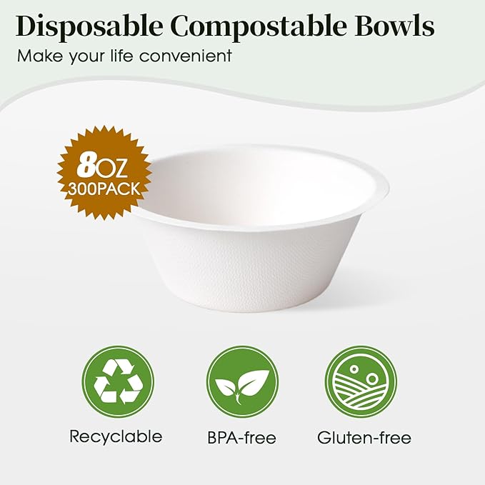 ECOLipak 300 Pack Compostable Paper Bowls, 8 oz Heavy-Duty Disposable Biodegradable Soup Bowls Made of Natural Bagasse, Suitable for Soup, Salad, Dessert, Milk, Cereals