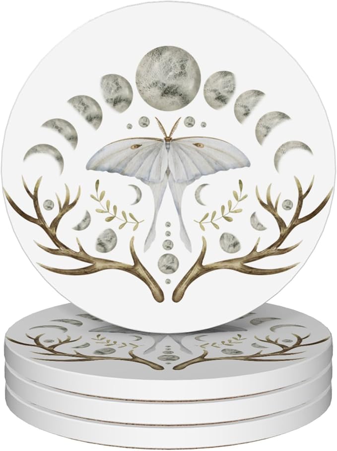 Drinks Coasters Set of 4, Luna Moth Round 4" Cup Coasters, Absorbent Ceramic Stone Coasters with Cork Base, Cute Coasters for Table Home Décor, Ideal Gifts for Women Men