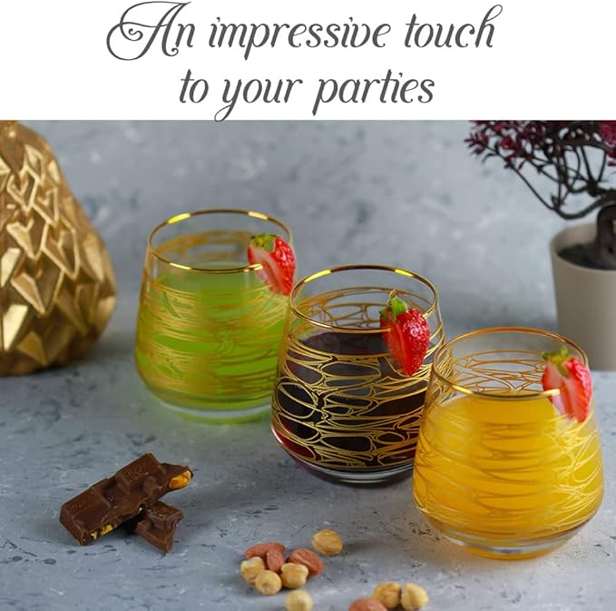 Gold Rim Cocktail Juice Water Wine Whiskey Drinking Glasses Set of 6 Glassware Rimmed Trim Crystal Cups Drinkware Drink Bar Fancy Party Wedding Decorative Style