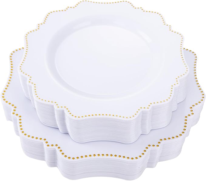 COLOSUS 60pcs Disposable Plastic Plates Set, Gold White Party Plates, 30pcs Dinner Plates and 30pcs Salad/Dessert Plates for Wedding, Party, Anniversary, Daily Use,New Year