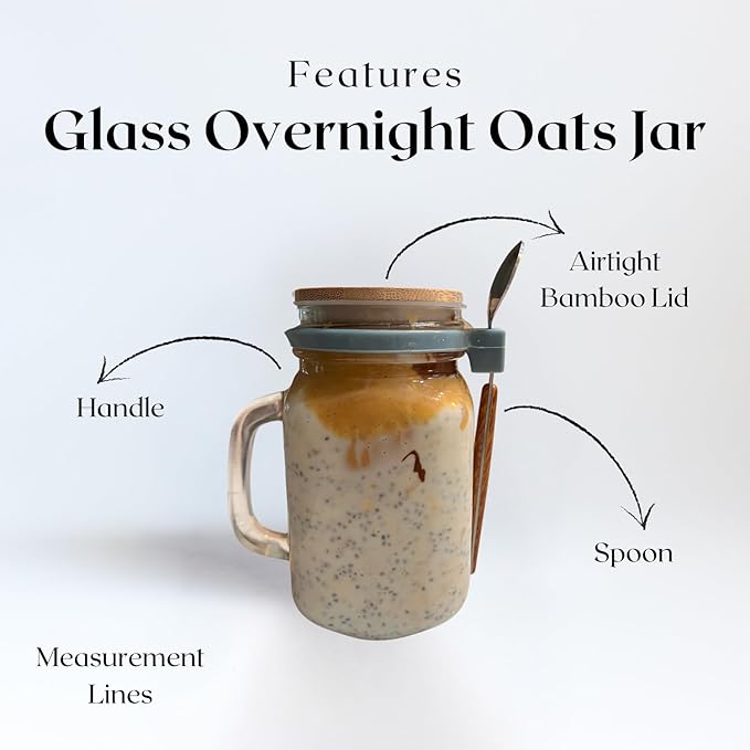 Kaya Commodities Modern Minimalist Overnight Oats Jars (2 Pack, 16 oz, BPA Free, Glass & Bamboo, Leakproof, Microwave & Freezer Safe)
